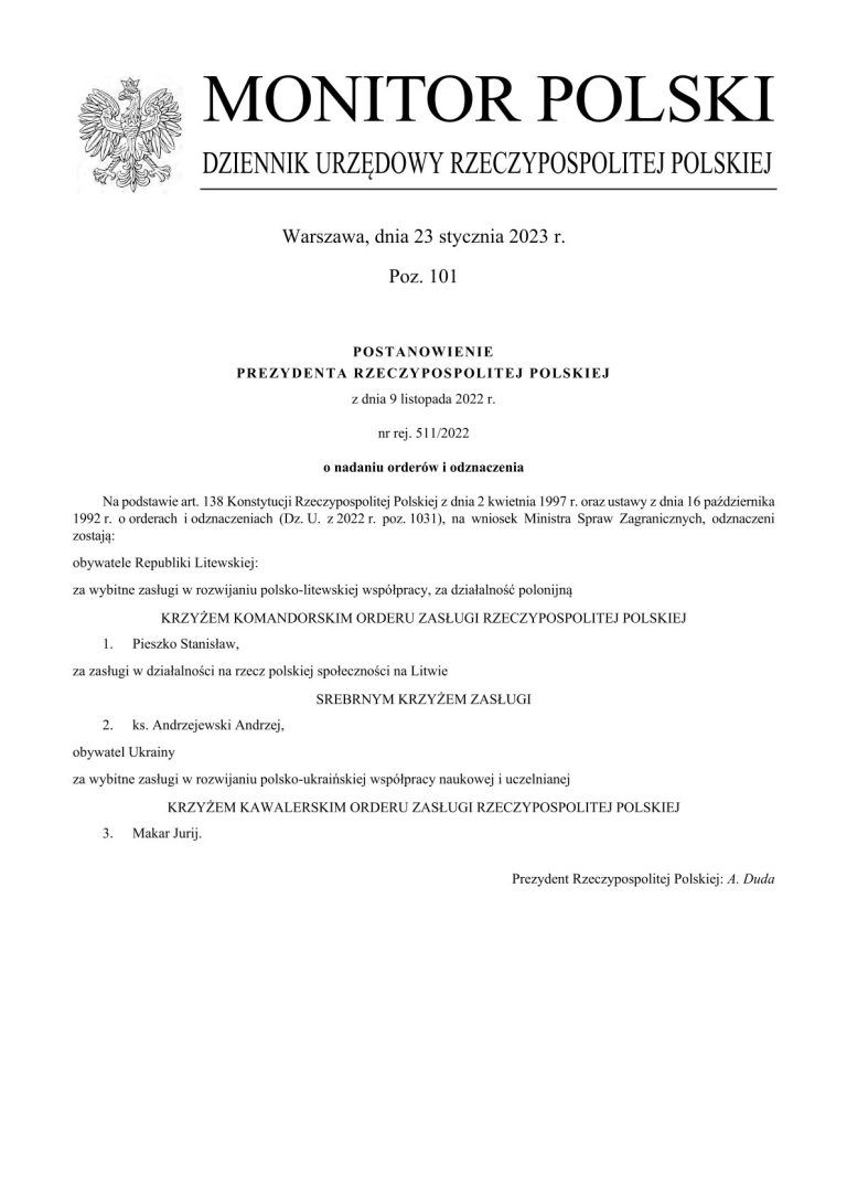 postanowienie prezydenta o nadaniu orderu