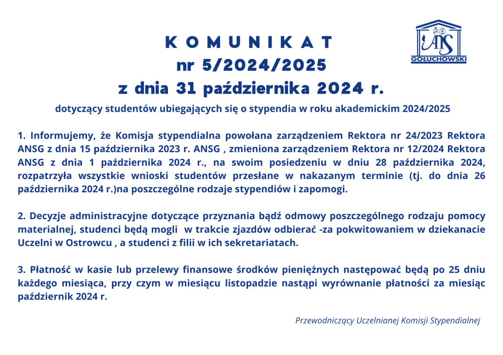 komunikat w sprawie stypendiów na rok akademicki 2024/2025